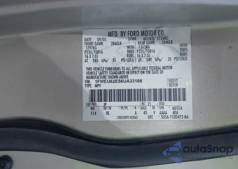 2006 Ford Explorer Xls из США, поврежденный, VIN 1FMEU62E56UA33188